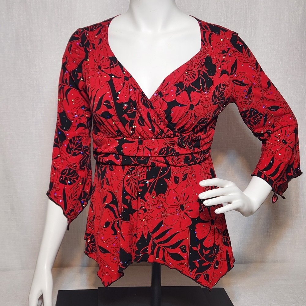 Studio 1940 Blouse Sparkles Red Black High Low Waist Hem ? Large